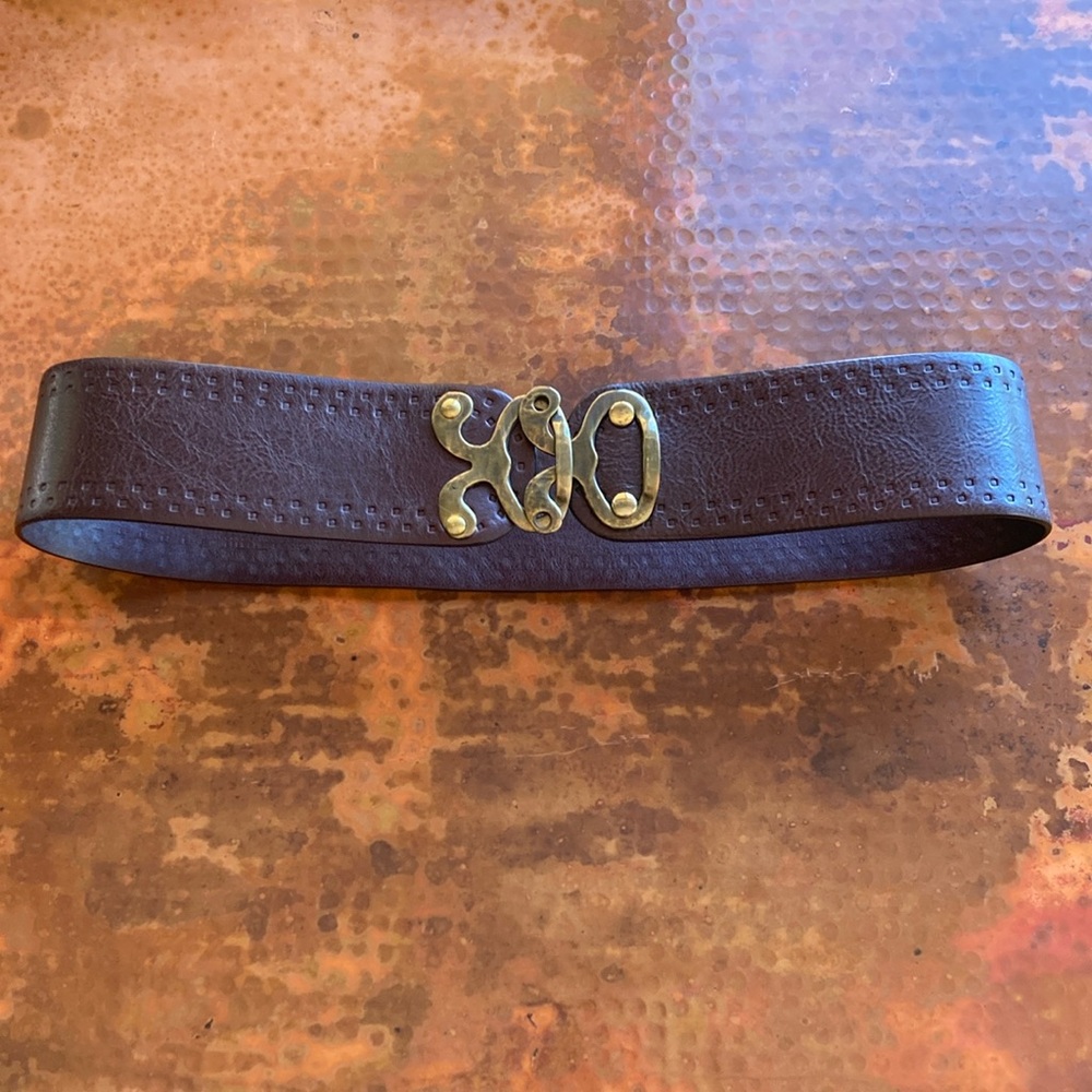 Barneys New York Brown Leather Belt with Ornate Buckle